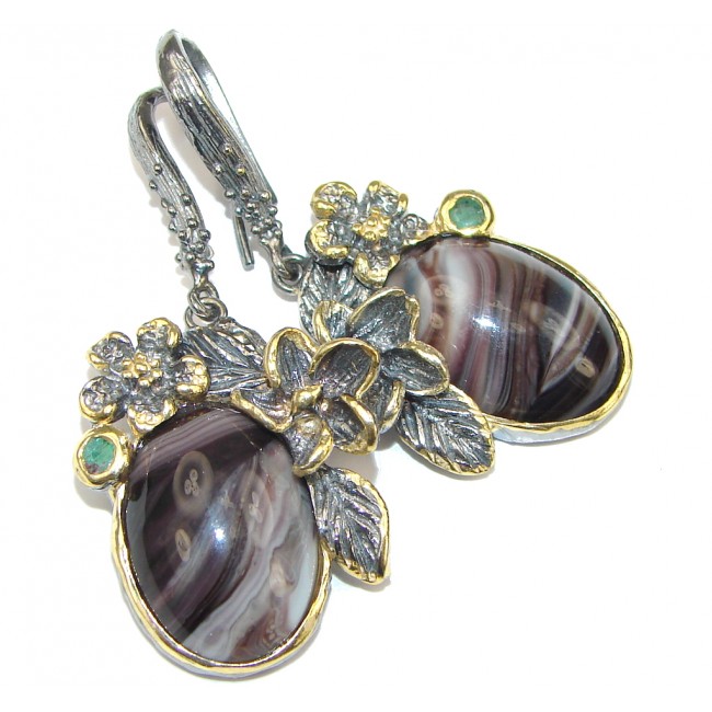Exclusive Design! Agate & Emerald, Gold Plated, Rhodium Plated Sterling Silver earrings