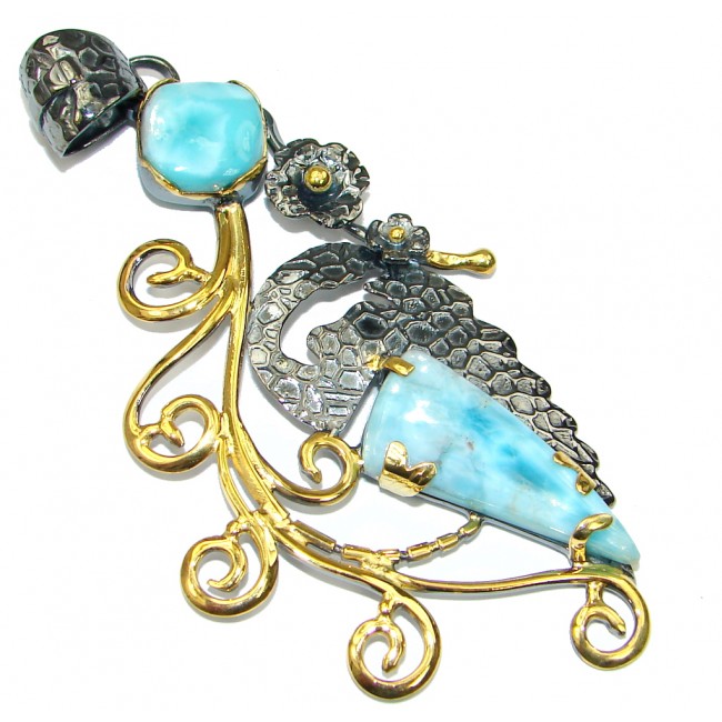Large! Gorgeous Design! Blue Larimar, Gold Plated, Rhodium Plated Sterling Silver Pendant