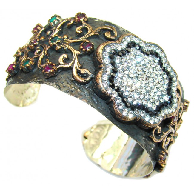 Vintage Style Sapphire Ruby Quartz Sterling Silver Bracelet / Cuff