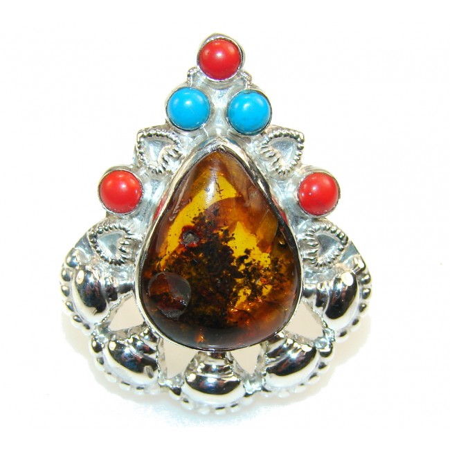 Stylish Multicolor Polish Amber Sterling Silver Ring s. 9