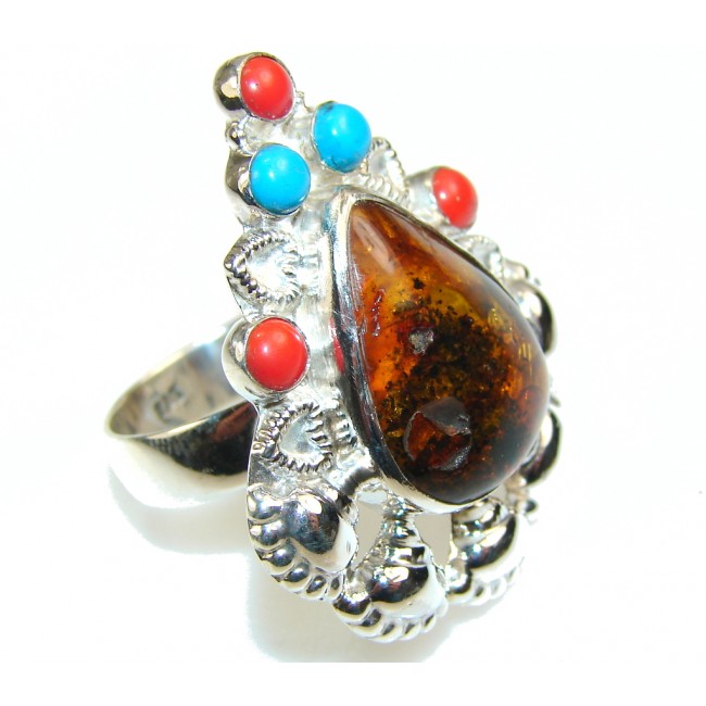 Stylish Multicolor Polish Amber Sterling Silver Ring s. 9