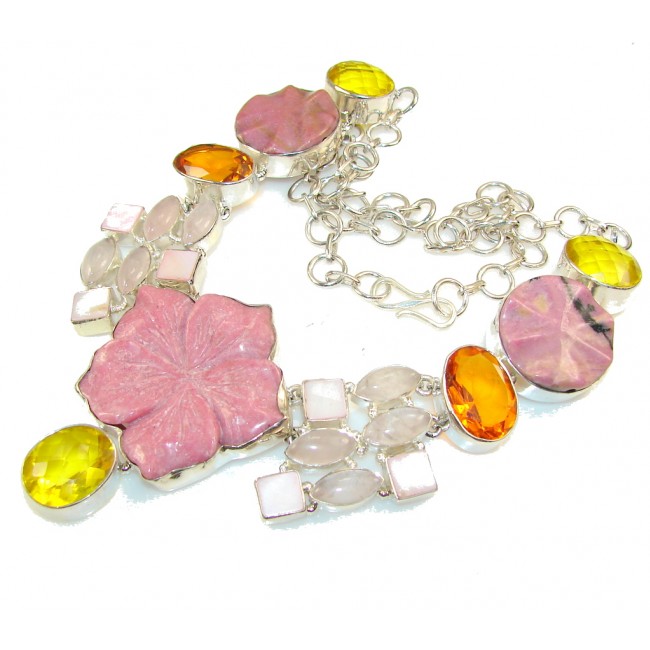 Awesome Carved Pink Rhodonite Sterling Silver necklace