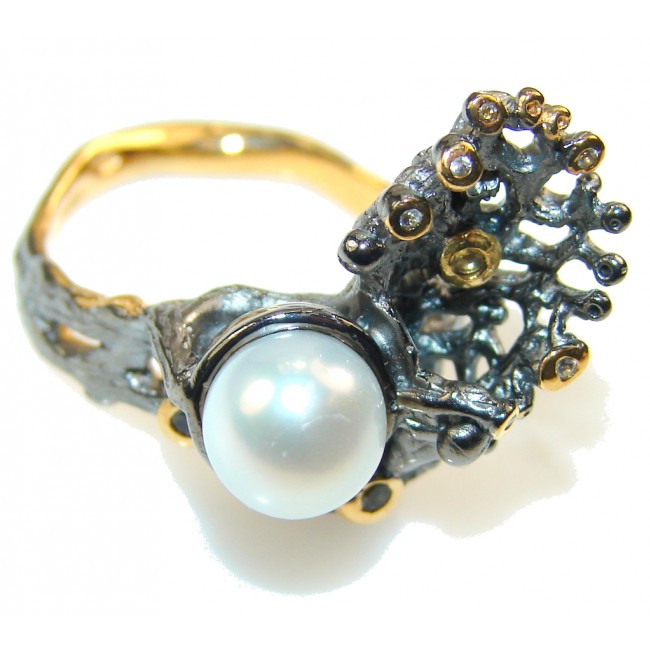 Delicate Italy Made Fresh Water Pearl Rhodium Plated 18ct Gold Sterling Silver ring; 8