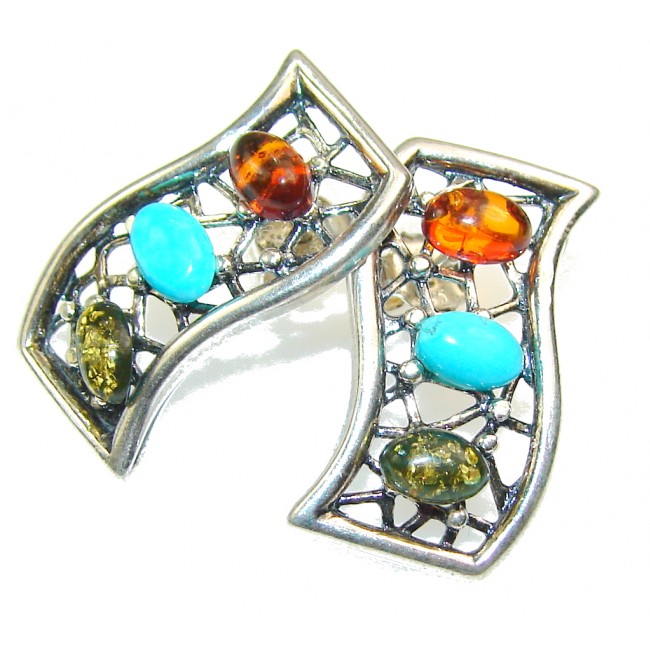 Beautiful Multicolor Polish Amber & Turquoise Sterling Silver earrings