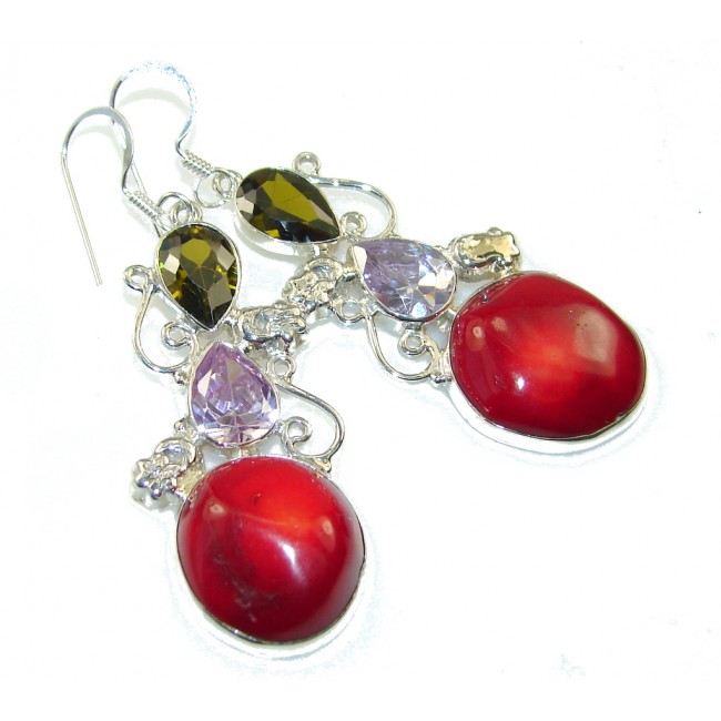 Precious Red Fossilized Coral Sterling Silver earrings