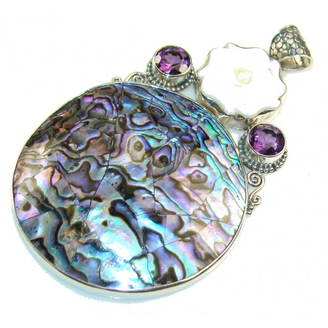 Giant!! Beautiful Rainbow Abalone Sterling Silver Pendant