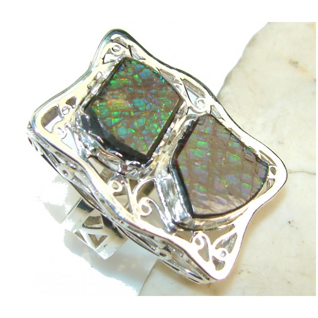 Big! Natural Green Ammolite Sterling Silver ring s. 10 1/4