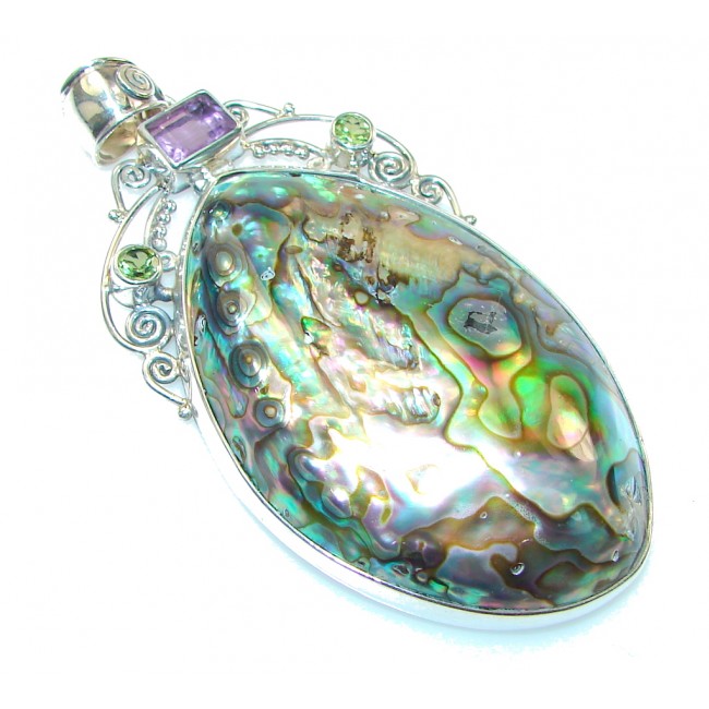 Giant! Beautiful Rainbow Abalone Sterling Silver Pendant
