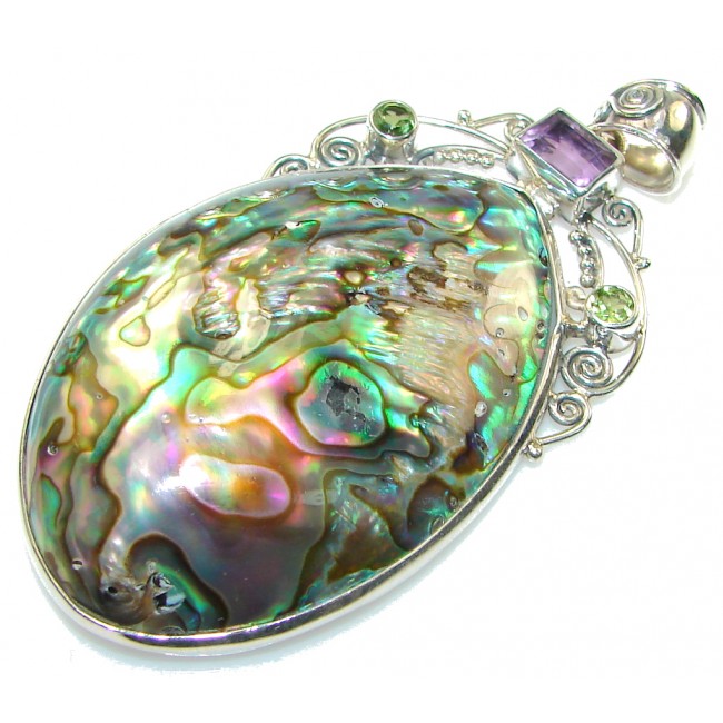 Giant! Beautiful Rainbow Abalone Sterling Silver Pendant