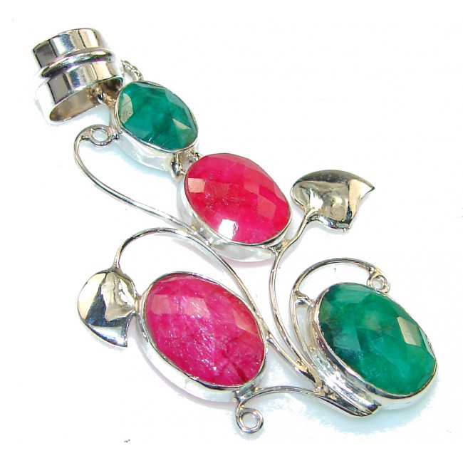 Amazing Pink Ruby & Emerald Sterling Silver Pendant