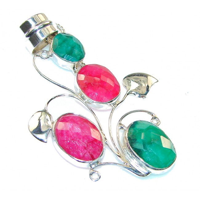 Amazing Pink Ruby & Emerald Sterling Silver Pendant