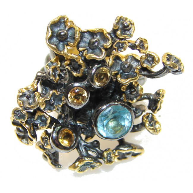 Italy Made,Rhodium Plated, 18ct Gold Plated Swiss Blue Topaz Sterling Silver Ring s. 7
