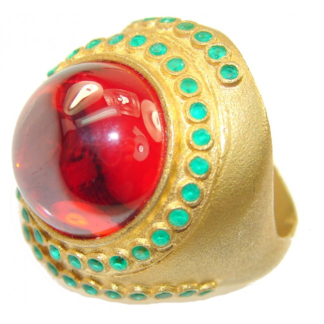 Turkish Style! Vivid Red Created Ruby Sterling Silver Gold Plated ring s. 7 1/4
