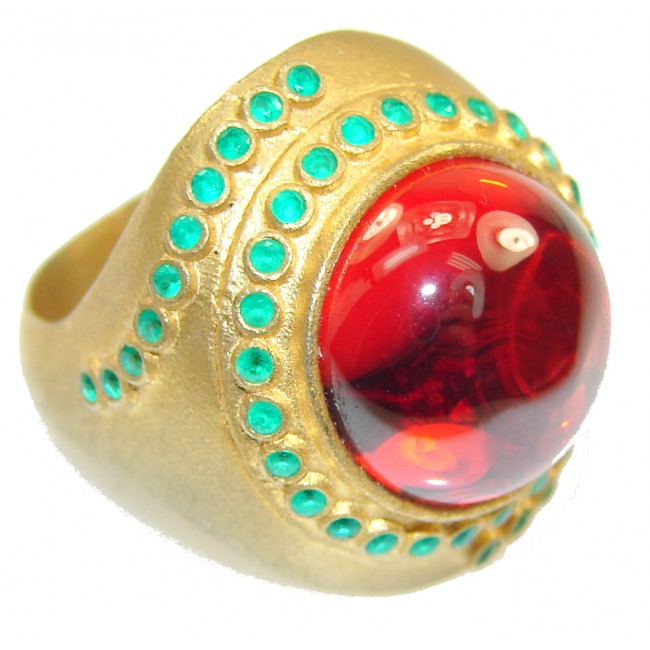 Turkish Style! Vivid Red Created Ruby Sterling Silver Gold Plated ring s. 7 1/4