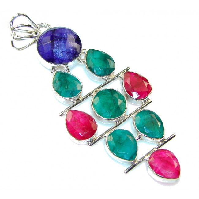 Paradise! Green Emerald, Ruby, Sapphire Sterling Silver Pendant