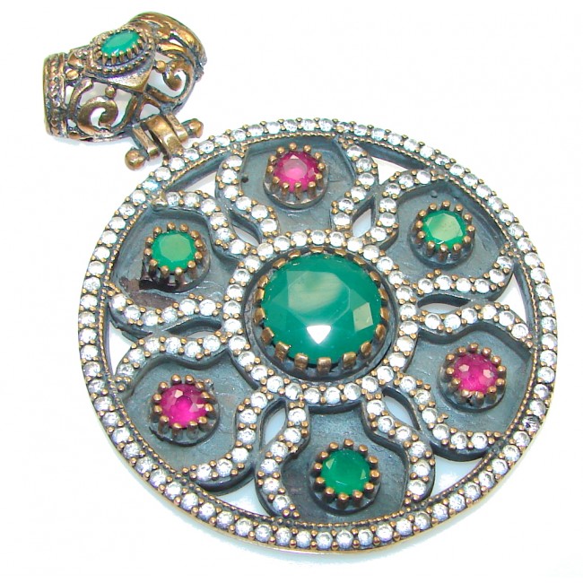 Victorian Style!! Green Emerald Sterling Silver Pendant
