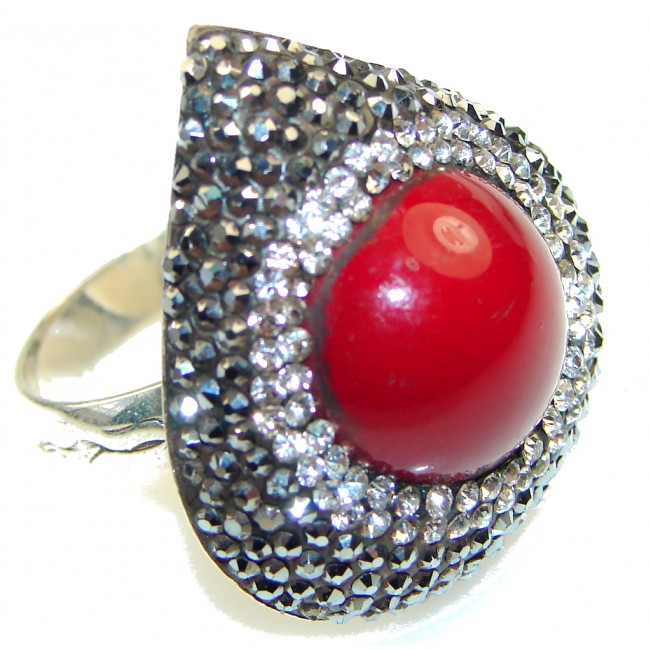 Love Power!! Red Coral Sterling Silver Ring s. 8 1/4