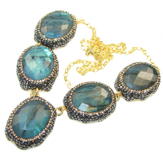 Beautiful!! Natural Blue Fire Labradorite, Gold Plated Sterling Silver necklace