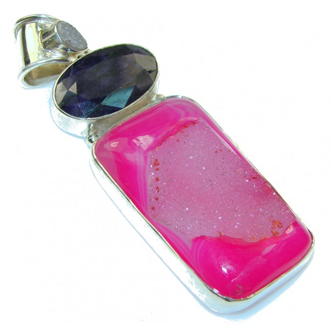 Big! Amazing Pink Agate Druzy Sterling Silver Pendant