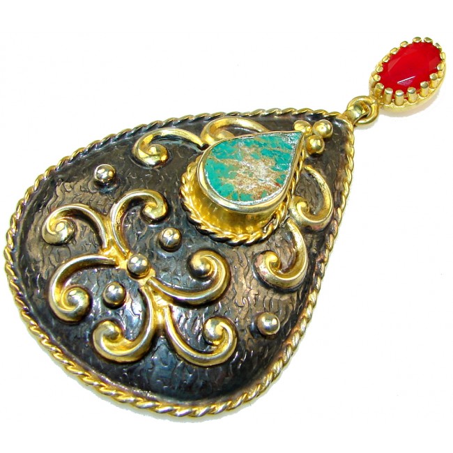 Large! Italy Made Green Turquoise, Gold Plated, Rhodium Plated Sterling Silver Pendant