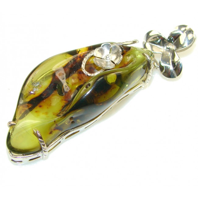 Big! Classic Natural Green Amber Sterling Silver Pendant
