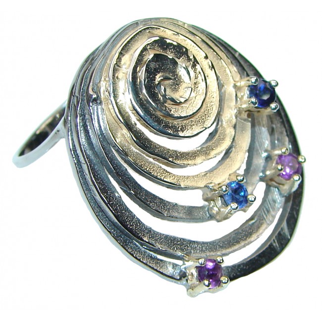 Big! Secret Design! Purple Amethyst & Blue Topaz Sterling Silver Ring s. 8 1/4