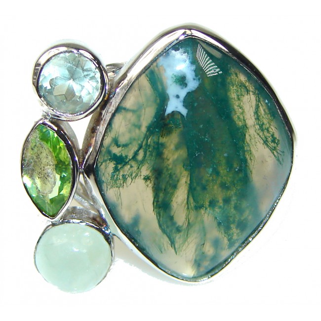 Excellent Green Moss Agate Sterling Silver ring s. 8 - adjustable