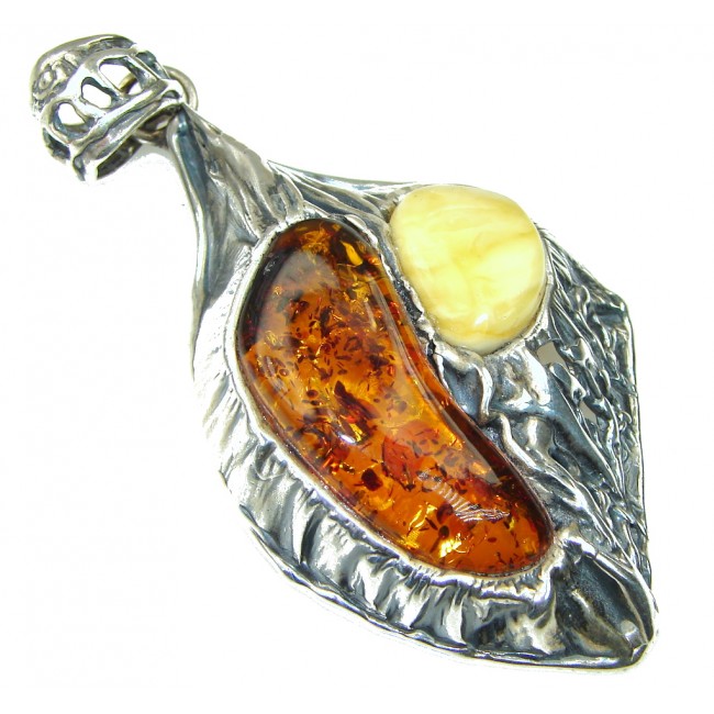 Big! Vintage Style! Brown & Butterscotch Amber Sterling Silver Pendant