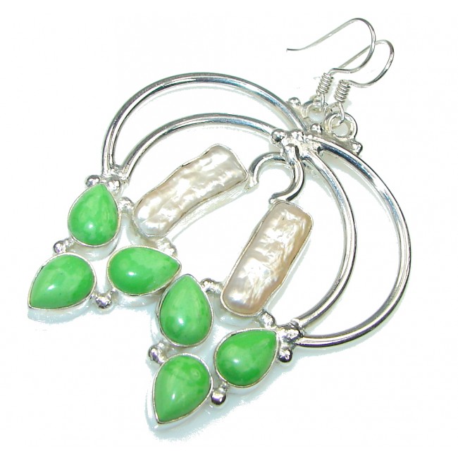 Big! Stylish Green Gaspatite, Mother Of Pearl Sterling Silver earrings