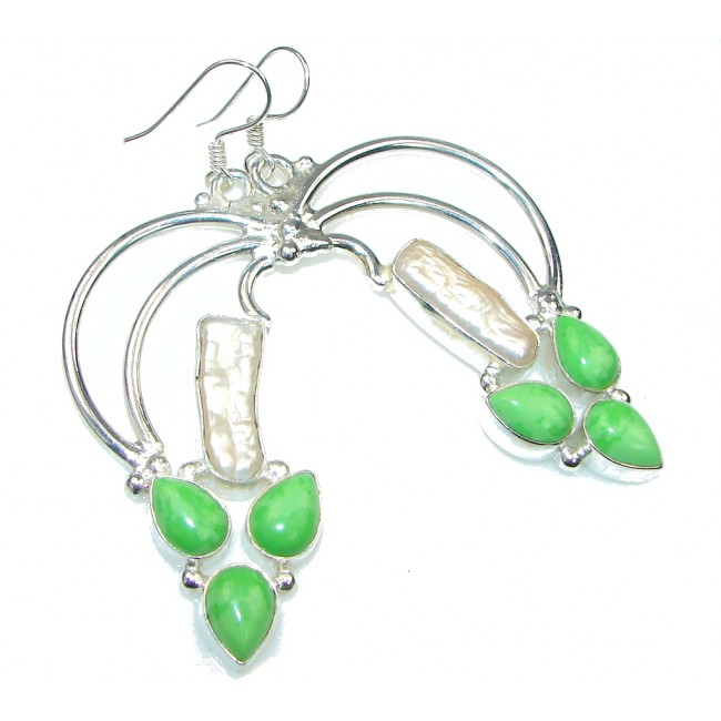 Big! Stylish Green Gaspatite, Mother Of Pearl Sterling Silver earrings