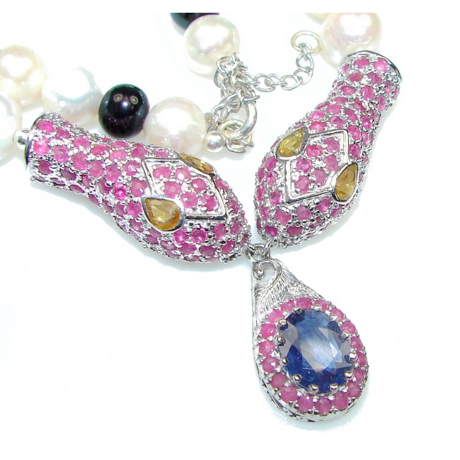 Exclusive! Fresh Water Pearl & Ruby & Sapphire Sterling Silver Necklace