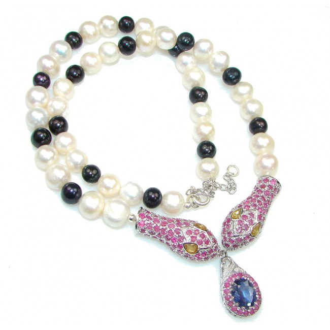 Exclusive! Fresh Water Pearl & Ruby & Sapphire Sterling Silver Necklace