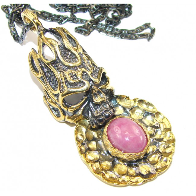 Stylish! Dead Body Skull! Pink Ruby, Gold Plated, Rhodium Plated Sterling Silver necklace