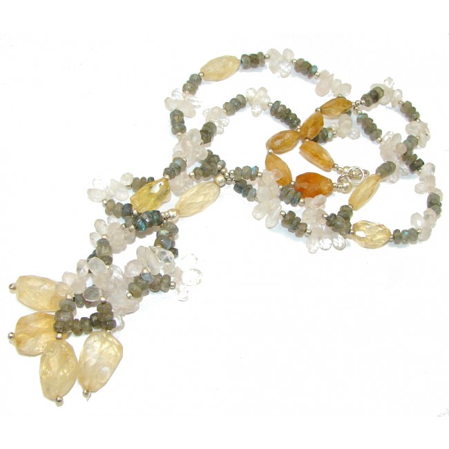 Summer Allure! Yellow Citrine & Labradorite & Rose Quartz Sterling Silver necklace