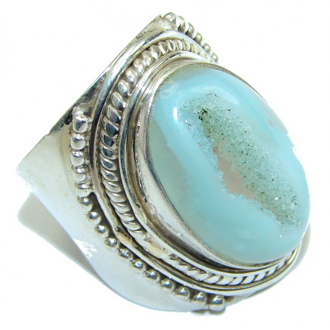 Big! Classy Light Blue Agate Druzy Sterling Silver Ring s. 10 1/4