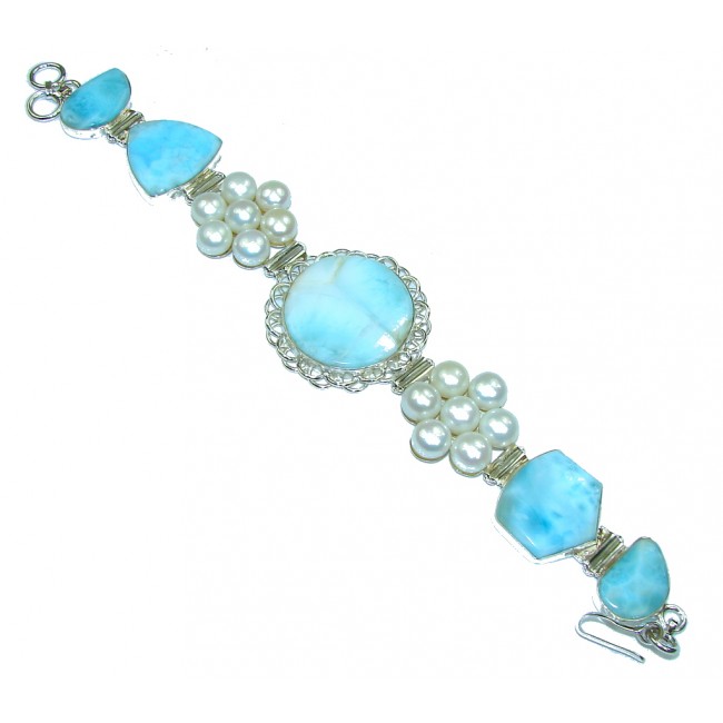 Beautiful Design! AAA Blue Larimar & Fresh Water Pearl Sterling Silver Bracelet