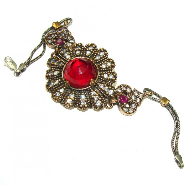 Victorian Style! Created Ruby, White Topaz Sterling Silver Bracelet