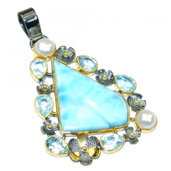 Stunning AAA Blue Larimar &Swiss Blue Topaz & Fresh Water Pearl, Gold Plated, Rhodium Plated Sterling Silver Pendant