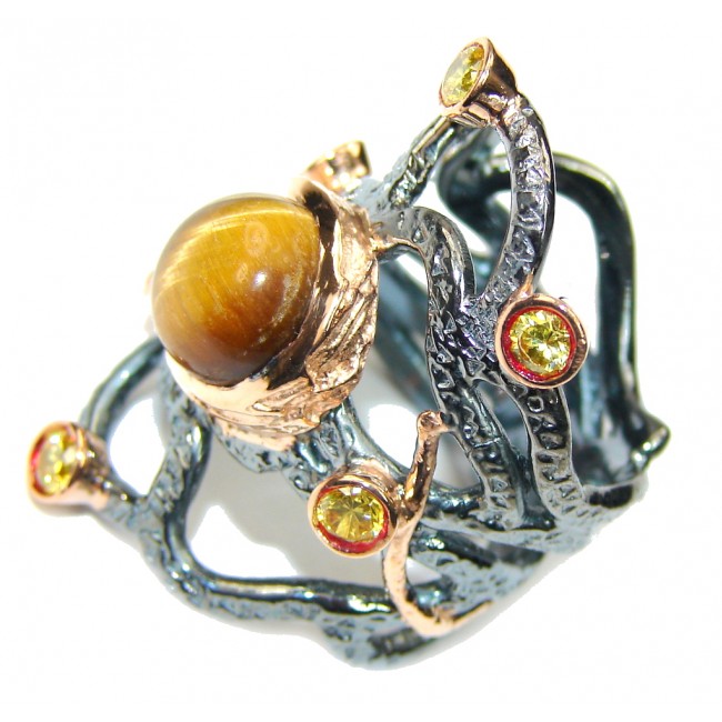 Beautiful AAA Tigers Eye, Rose Gold Plated, Rhodium Plated Sterling Silver Ring s. 6 1/4