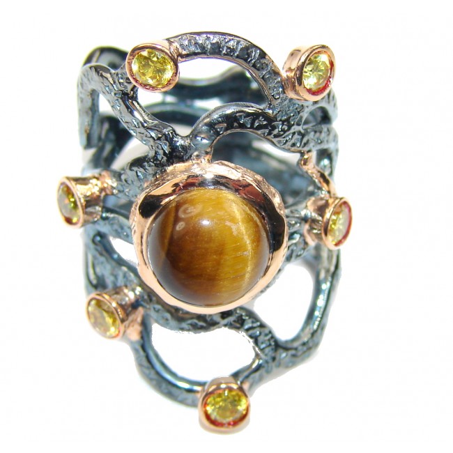Beautiful AAA Tigers Eye, Rose Gold Plated, Rhodium Plated Sterling Silver Ring s. 6 1/4
