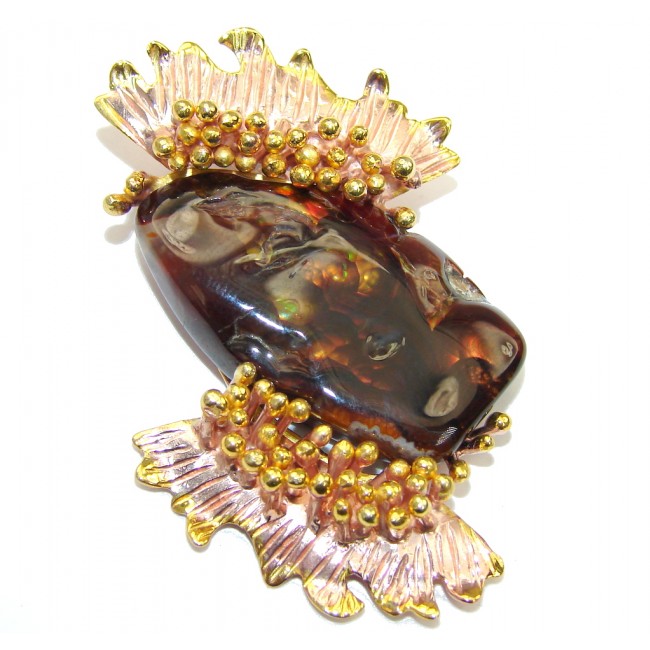 Natural AAA Mexican Fire Agate, Rose & Gold Plated Sterling Silver Pendant