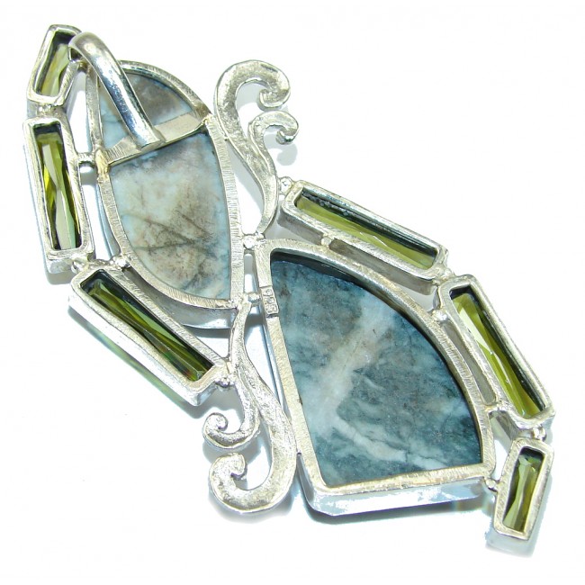 Large! Fantastic Green Moss Agate Sterling Silver Pendant