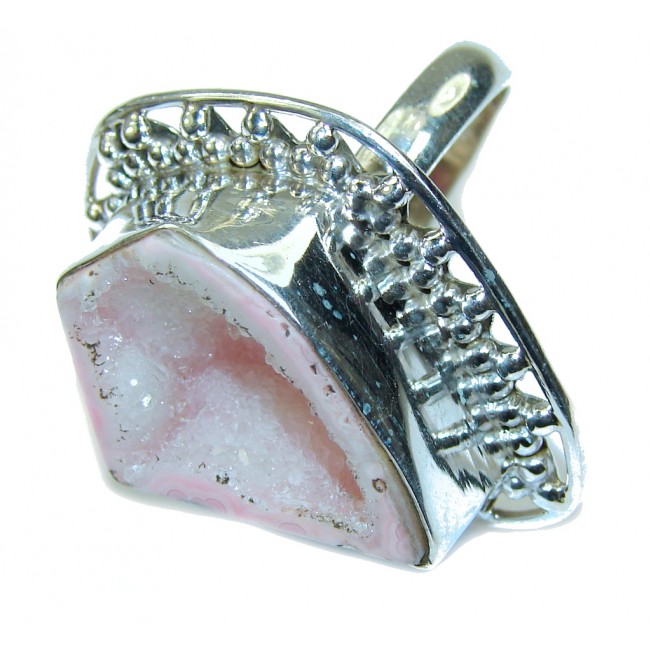 Big! Classy Light Pink Agate Druzy Sterling Silver Ring s. 9