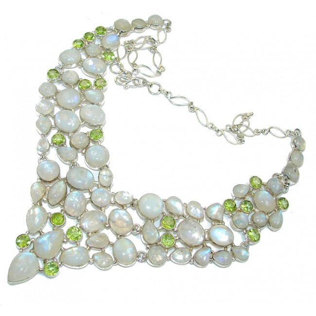 Chunky Snow Queen White Fire Moonstone & Peridot Sterling Silver necklace