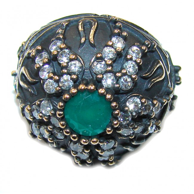 Vintage Style! Emerald & White Topaz Sterling Silver Ring s. 6 1/4