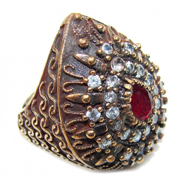 Victorian Style! Red Ruby & White Topaz Sterling Silver Ring s. 6 1/2