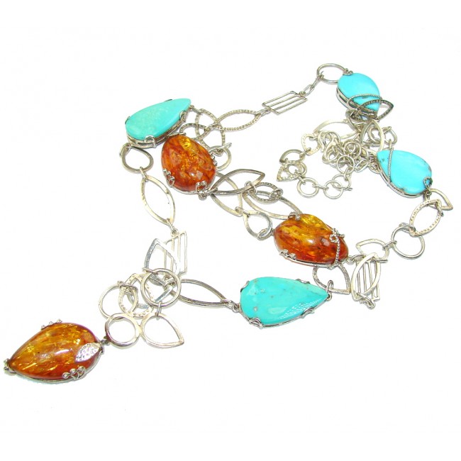 Long! 44 inches Outstanding Genuine Amber & Sleeping Beauty Turquoise Sterling Silver necklace
