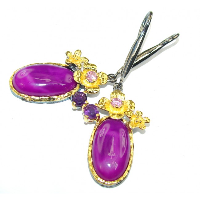 Amazing Purple Agate, Gold Plated, Rhodium Plated Sterling Silver earrings / Long