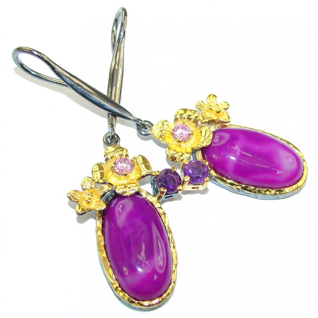 Amazing Purple Agate, Gold Plated, Rhodium Plated Sterling Silver earrings / Long