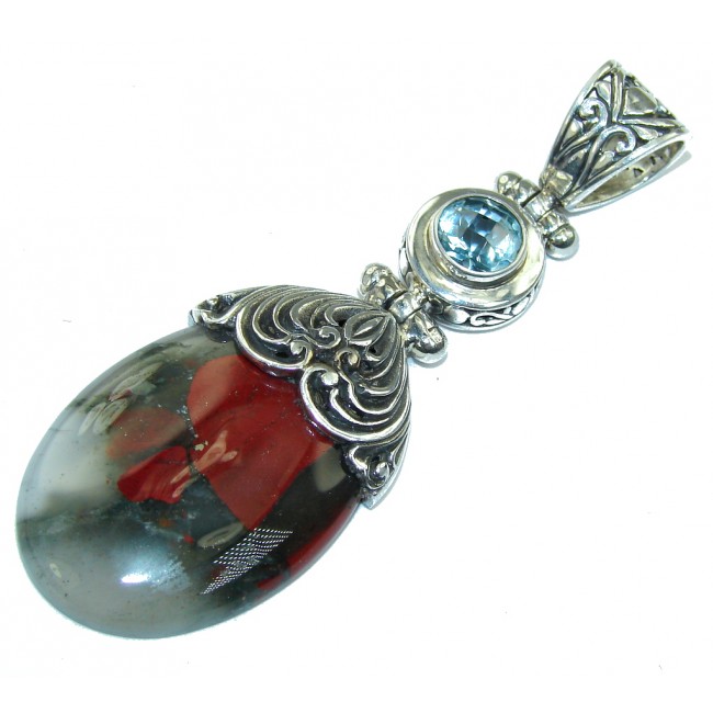 Handcrafted Bali Made Moss Agate & Blue Topaz Sterling Silver Pendant